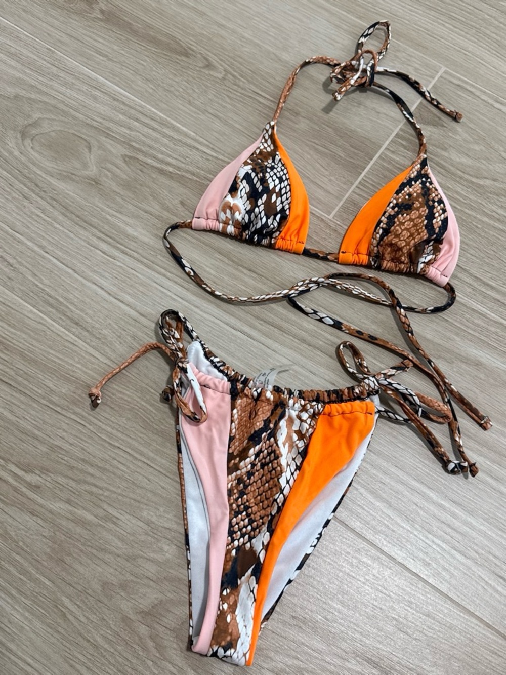 Shein Orange Coral Pink Snake Print Triangle Bikini Set